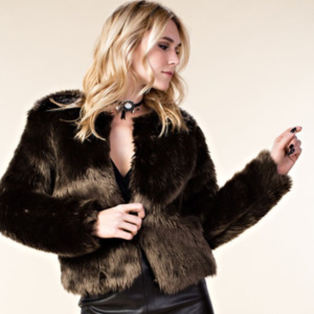 new VOCAL brown FAUX FUR JACKET WRAP western BOHO SM-XL holidays party STYLE-IN